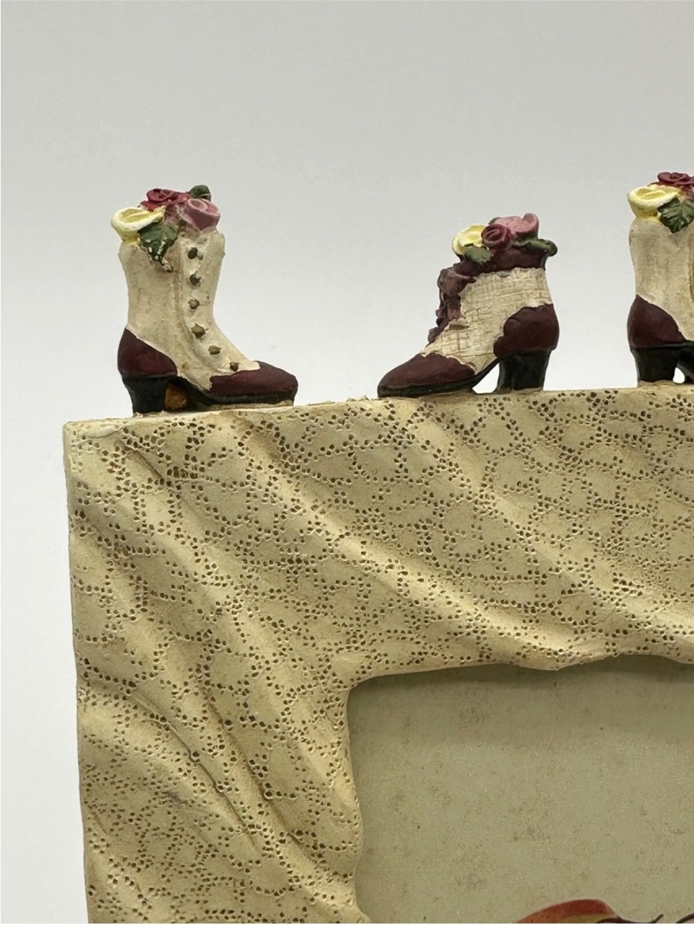 Victorian Rose Lace Photo Frame with Victorian Boots Topper, Shabby Chic Cottage - Picture 2 of 3